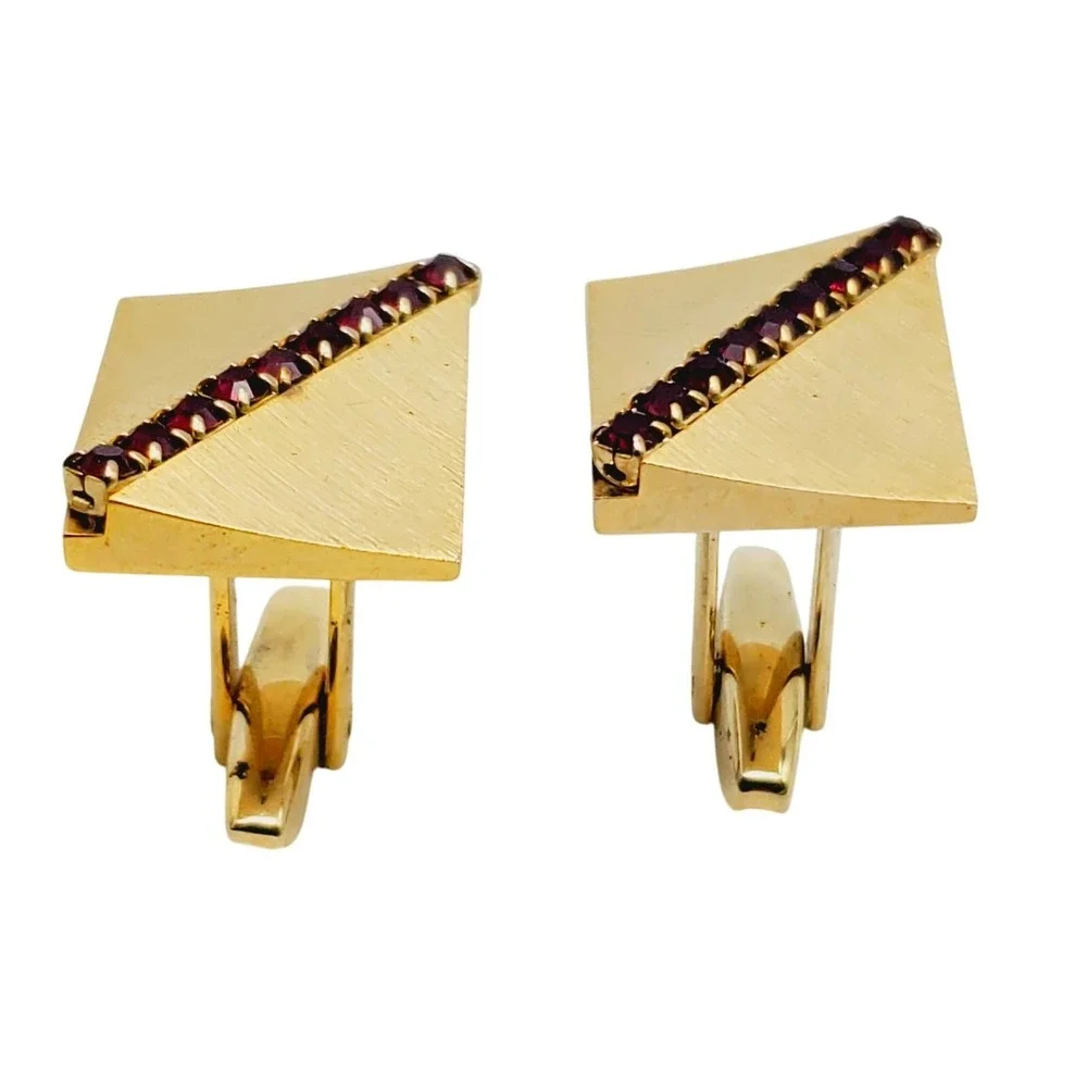 Sarah Coventry Brushed Gold Tone Cufflinks Square Rectangular Red Glass Matador